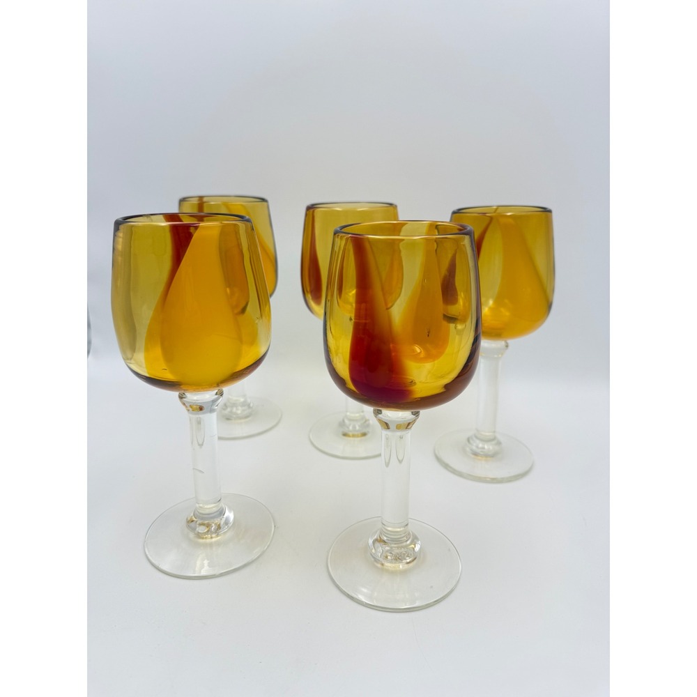 Vintage Pier 1 Imports Set of Five 8" Amber Handblown Swirl Wine Glasses